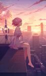 1girl absurdres bai_ou_(crazy_ones) bare_shoulders barefoot breasts city cityscape cloud crazy_ones dress feet from_side highres knees_together_feet_apart legs medium_breasts official_art pink_eyes pink_hair profile short_hair sitting sky solo sunlight sunset toes white_dress 