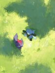  absurdres aqua_eyes bright_pupils day from_above grass highres mokuzou_(moku_ssbu) outdoors pokemon pokemon_(creature) red_eyes riolu signature standing white_pupils zorua 