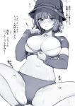  abi_(abimel10) blue_archive breasts cleavage commentary_request greyscale hat heavy_breathing highres hot large_breasts looking_at_viewer monochrome navel saki_(blue_archive) saki_(swimsuit)_(blue_archive) simple_background sitting sweat translation_request white_background 