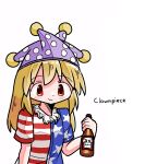  american_flag american_flag_dress american_flag_print blonde_hair budweiser character_name clownpiece dress flag_print hat jester_cap kasuya_baian long_hair neck_ruff polka_dot red_eyes short_sleeves simple_background smile touhou white_background 