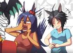  +++ 2girls ^^^ ahoge animal_ears aqua_shirt arm_up bare_arms bare_shoulders behind_another black_hair blank_eyes blurry blurry_foreground blush closed_eyes fang fuji_kiseki_(umamusume) gloom_(expression) grey_hair grin hair_ornament hair_scrunchie hand_up highres hishi_amazon_(umamusume) horse_ears laughing long_hair looking_at_object medium_hair motion_lines multicolored_hair multiple_girls nitoromanbo open_mouth prank purple_eyes red_scrunchie red_shirt scrunchie shirt short_sleeves sleeveless sleeveless_shirt smile surprised t-shirt tan two-tone_hair umamusume umayuru upper_body v-shaped_eyebrows very_long_hair 