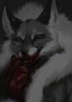  2023 alice_the_vixen anthro blood bodily_fluids canid canine claws clothing coat fangs female forest fox fur gloves greyscale handwear hi_res hybrid looking_at_viewer mammal monochrome monster multicolored_body multicolored_fur open_mouth plant smile snow solo spruce standing teeth tiny_bunny topwear tree vexhiro winter winter_coat yellow_eyes 