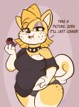  4foxsakes absurd_res anthro belly belly_overhang canid canine canis chubby_cheeks collar domestic_dog eating female fluffy fluffy_tail hi_res looking_at_viewer mammal punk shiba_inu slightly_chubby slightly_chubby_female solo solo_focus spiked_collar spikes spitz tail thick_thighs 