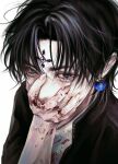  1boy black_hair black_jacket blood blood_on_clothes blood_on_face blood_on_hands blue_eyes chrollo_lucilfer cross_tattoo earrings facial_mark facial_tattoo forehead_mark forehead_tattoo glowing glowing_earrings highres hunter_x_hunter jacket jewelry looking_at_viewer male_focus nwocp open_clothes open_jacket shirt short_hair simple_background solo tattoo teardrop upper_body white_background white_shirt 