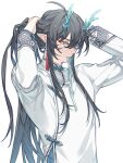  1boy alternate_costume anchun_(quail0503) aqua_eyes aqua_ribbon arms_up black_hair chinese_clothes closed_mouth dan_heng_(honkai:_star_rail) dan_heng_(imbibitor_lunae)_(honkai:_star_rail) dragon_boy dragon_horns earrings eyeshadow green_horns hair_between_eyes hair_ribbon highres honkai:_star_rail honkai_(series) horns jewelry long_hair long_sleeves makeup male_focus mouth_hold official_alternate_hairstyle pointy_ears ponytail red_eyeliner red_eyeshadow ribbon ribbon_in_mouth sidelocks simple_background single_earring solo tassel tassel_earrings traditional_clothes tying_hair upper_body very_long_hair white_background 