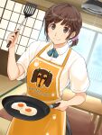  1girl amagami apron blue_ribbon breasts brown_eyes brown_hair closed_mouth commentary_request fried_egg frying_pan highres holding holding_frying_pan holding_spatula long_bangs looking_at_viewer neck_ribbon pleated_skirt ribbon sakurai_rihoko short_hair short_ponytail skirt smile solo spatula standing takenoko_saba_otto 