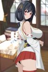  1girl absurdres ass bare_shoulders blurry blurry_background breasts cowboy_shot detached_sleeves highres japanese_clothes kantai_collection large_breasts looking_at_viewer looking_back nitamako_(sakamalh) pleated_skirt red_eyes red_skirt skirt solo thigh_strap yamashiro_(kancolle) 
