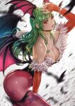  1girl animal_print ass bat_(animal) bat_print bat_wings breasts bridal_gauntlets cleavage demon_girl english_commentary green_eyes green_hair head_wings highres large_breasts leotard lips long_hair looking_at_viewer low_wings magion02 morrigan_aensland pantyhose print_legwear purple_pantyhose purple_wings shiny_skin simple_background solo vampire_(game) white_background wings 