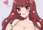  1girl :d bare_shoulders breasts cleavage commentary facial_mark fire_emblem fire_emblem_engage heart highres long_hair looking_at_viewer open_mouth purrlucii red_eyes red_hair smile solo upper_body yunaka_(fire_emblem) 