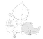  2022 anthro bed big_butt black_and_white bottom_heavy bubble_butt butt canid canid_demon canine claws demon disney eberwolf_(the_owl_house) feet fluffy fluffy_tail furniture girly hi_res humanoid_pointy_ears kneeling long_tail male mammal mhdrawin monochrome musical_note nude on_bed pawpads rear_view solo tail television the_owl_house toe_claws toes watching_tv wide_hips 