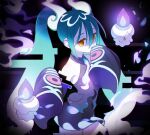  1girl bare_shoulders blue_hair ghost ghost_miku_(project_voltage) grey_shirt hair_between_eyes hatsune_miku highres litwick long_hair necktie pale_skin pokemon pokemon_(creature) project_voltage saeangnim see-through see-through_skirt shirt skirt sleeves_past_wrists twintails very_long_hair vocaloid will-o&#039;-the-wisp_(mythology) yellow_eyes 