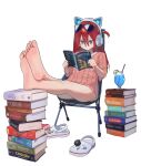  1girl bare_legs barefoot blue_eyes book chair clogs closed_mouth commentary_request drinking_straw eyewear_on_head feet feet_up food fruit glass hair_between_eyes headphones highres hipa_(some1else45) holding holding_book lime_(fruit) lime_slice long_hair looking_at_viewer original pink_shirt red_hair shirt sitting soles solo some1else45 sunglasses toes white_background 