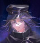  1boy :d black_cape black_hair black_headwear cape danganronpa_(series) danganronpa_v3:_killing_harmony hair_between_eyes hat highres l.k_(lk_cyz) lower_teeth_only male_focus multicolored_hair oma_kokichi peaked_cap portrait purple_background purple_eyes purple_hair smile solo teeth tongue two-tone_hair 