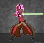  absurd_res accessory anthro armwear asian_mythology blossomblaze boots cape chinese_mythology clothing east_asian_mythology equid equine fan_character female footwear freckles hasbro hi_res horn horse humanoid jedi kirin lightsaber mammal melee_weapon my_little_pony mythology pony pose solo spread_legs spreading star_wars weapon 