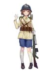  1girl absurdres black_headwear blue_shorts blush breasts brown_footwear chest_rig chinese_commentary collared_jacket full_body gloves hair_between_eyes hand_up helmet highres jacket kuomintang looking_afar looking_to_the_side medium_breasts medium_hair military_uniform national_revolutionary_army open_mouth original puttee shoes shorts shovel simple_background smile solo standing tachi-e teeth tuziki_sang uniform upper_teeth_only waving weapon_request white_background white_gloves yellow_eyes yellow_jacket 
