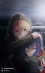  1boy 1girl absurdres black_hoodie blonde_hair blue_eyes blue_hair blurry blurry_background deviantart_username highres hood hoodie hoshino_aquamarine kurokawa_akane mismatched_pupils oshi_no_ko outdoors railing rain short_hair signature star-shaped_pupils star_(symbol) star_in_eye symbol-shaped_pupils symbol_in_eye twitter_username victoors 