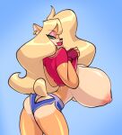  activision anthro bandicoot big_breasts bigdad blonde_hair breasts clothed clothing clothing_lift crash_bandicoot_(series) female hair huge_breasts hyper hyper_breasts looking_at_viewer looking_back looking_back_at_viewer mammal marsupial shirt shirt_lift solo tawna_bandicoot topwear 