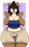  2023 5_fingers anthro big_breasts black_hair blue_clothing blue_eyes blue_topwear bottomwear breasts brown_body brown_fur cleavage clothed clothing dewwydarts female fingers fur hair hi_res looking_at_viewer mammal midriff mustelid open_mouth otter rino_(dewwydarts) shorts simple_background solo standing tan_bottomwear tan_clothing tan_shorts thick_thighs topwear wide_hips 