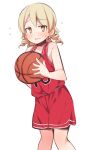  1girl @_@ ball bare_arms bare_shoulders basketball basketball_(object) basketball_uniform blush brown_eyes flying_sweatdrops hair_between_eyes holding holding_ball idolmaster idolmaster_cinderella_girls light_brown_hair long_hair morikubo_nono parted_lips red_shorts red_tank_top revision ringlets short_shorts shorts simple_background solo sportswear sweat tank_top uccow white_background 