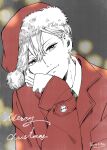  1boy aza-koi buttons cheek_rest closed_mouth coat collared_shirt commentary_request cross cross_earrings cursive earrings english_text green_necktie grey_background hair_between_eyes hat head_tilt highres jewelry kurachi_yone lapels latin_cross long_sleeves looking_at_viewer male_focus merry_christmas moji_haruki necktie notched_lapels paper_texture partially_colored red_coat red_headwear santa_hat shirt short_hair sleeves_past_wrists solo two-tone_headwear upper_body white_headwear white_shirt 
