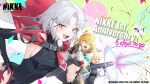  3girls black_leotard blonde_hair blue_eyes breasts cleavage closed_mouth confetti countdown drake_(nikke) elbow_gloves energy_cannon gloves goddess_of_victory:_nikke hand_on_own_hip highres holding holding_weapon laplace_(nikke) leotard looking_at_viewer maxwell_(nikke) medium_breasts multiple_girls official_art ohisashiburi open_mouth red_eyes sideboob smile surprised weapon white_hair 
