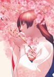  1girl black_hair branch cherry_blossoms closed_eyes hime_cut japanese_clothes kimono long_hair low_ponytail marimo_shounen obi original own_hands_together profile sash solo upper_body white_kimono 