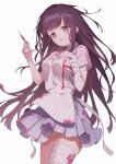  1girl absurdres apron bandaged_arm bandages blood breasts danganronpa_(series) danganronpa_2:_goodbye_despair hands_up highres holding holding_syringe koishi_(kiwi0314) large_breasts long_hair looking_at_viewer mole mole_under_eye open_mouth pink_blood pink_shirt puffy_short_sleeves puffy_sleeves shirt short_sleeves skirt solo syringe tsumiki_mikan 