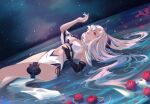  1girl absurdres breasts cleavage drag-on_dragoon drag-on_dragoon_3 dress feet_out_of_frame flower flower_over_eye hand_up highres long_hair lying mechanical_arms medium_breasts navel night night_sky on_back one_eye_covered parted_lips partially_submerged pelvic_curtain prosthesis prosthetic_arm red_eyes red_flower red_rose rose single_mechanical_arm sky sleeveless sleeveless_dress solo thigh_strap water white_dress white_flower yubuki_i zero_(drag-on_dragoon) 