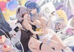  2girls alternate_hair_color animal ass azur_lane babydoll balloon bare_arms bare_shoulders bird blue_eyes blue_hair breasts cake cake_slice cellphone chapayev_(azur_lane) choker cleavage company_connection company_name covered_navel doughnut eyepatch fingernails food hair_ornament hairband heart highres holding kuybyshev_(azur_lane) large_breasts lipstick logo looking_at_viewer makeup manjuu_(azur_lane) mole mole_on_breast multiple_girls nail_polish official_art panties phone pillow red_eyes see-through serie_niai short_hair simple_background smile sparkle thigh_strap thighs thong underwear white_hair 