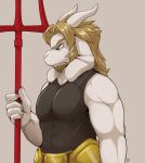  2023 absurd_res anthro asgore_dreemurr boss_monster bovid caprine clothed clothing digital_media_(artwork) fur hi_res holding_trident horn louart male mammal signature simple_background solo undertale undertale_(series) white_body white_fur 