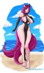  absurd_res allanel anthro canid canine clothed clothing dress female fox hair hi_res mammal pink_hair sea solo tail water 