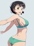  1girl aqua_bikini bikini black_hair bob_cut breasts commentary_request cowboy_shot foreshortening green_eyes hair_ornament hairclip kirigaya_suguha large_breasts outstretched_arms puge short_hair solo sports_bikini swimsuit sword_art_online 