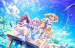 5girls ahoge belt bird blonde_hair blue_dress blue_eyes blue_sky bow breasts brown_hair cloud collarbone day dress fang floating_hair foreshortening gem hair_bow hair_intakes hair_ornament hand_on_own_chest high_heels hojo_karen ichinose_shiki idolmaster idolmaster_cinderella_girls idolmaster_cinderella_girls_starlight_stage key_visual knee_up leaning_forward long_hair looking_at_viewer multicolored_hair multiple_girls official_art ohtsuki_yui one_eye_closed open_mouth orange_hair outdoors outstretched_arm outstretched_arms palm_tree petticoat pier pink_eyes pink_hair pink_ribbon promotional_art ribbon sato_shin seagull sitting sky sparkle standing thighs third-party_source tree two-tone_hair two_side_up water white_belt white_bow white_dress white_footwear yumemi_riamu 