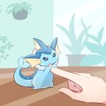  animal_focus black_sclera colored_sclera commentary_request disembodied_limb full_body highres holding_finger indoors looking_at_another minimized neko_gyoza no_mouth partial_commentary plant pokemon pokemon_(creature) potted_plant solo_focus standing vaporeon white_eyes 