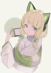  1girl akinoji_(akiponpon27) animal_ear_headphones animal_ears blonde_hair blue_archive blush cat_ear_headphones dress_shirt fake_animal_ears green_eyes hair_ribbon headphones highres jacket long_hair looking_at_viewer midori_(blue_archive) nintendo_switch ribbon shirt simple_background smile solo upper_body white_jacket white_shirt 