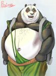  2015 anthro bear belly big_belly blush bottomwear clothed clothing dreamworks fangs fur giant_panda hi_res kung_fu_panda li_shan_(kung_fu_panda) looking_at_viewer male mammal moobs navel nipples obese obese_anthro obese_male open_mouth overweight overweight_anthro overweight_male pants pants_grab pulling_up_pants raivenderouthelion_(artist) signature smile smiling_at_viewer solo standing teeth 
