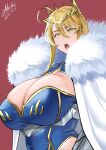  1girl absurdres ahoge artoria_pendragon_(fate) artoria_pendragon_(lancer)_(fate) blonde_hair blue_leotard braid breasts cape cleavage cleavage_cutout clothing_cutout crown fate/grand_order fate_(series) french_braid fur-trimmed_cape fur_trim gauntlets gold_trim green_eyes hair_between_eyes highleg highleg_leotard highres huge_breasts leotard long_hair looking_at_viewer open_mouth red_background shiiki_(love-saber) sidelocks solo underbust white_cape 