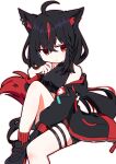  1girl ahoge animal_ear_fluff animal_ear_piercing animal_ears bare_shoulders black_footwear black_gloves black_hair black_jacket commentary crop_top dark_persona fox_ears fox_girl fox_tail gloves hololive invisible_chair jacket knee_up kurokami_fubuki looking_at_viewer rabiiandrain red_eyes shoes sitting sleeveless sleeveless_turtleneck sneakers solo tail turtleneck virtual_youtuber 