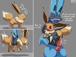  2023 animal_genitalia anthro balls blue_balls blue_body blue_ears blue_tail blush bodily_fluids brown_body brown_ears brown_fur brown_tail carrying_another comic dialogue eevee english_text eparihser erection exclamation_point eyes_closed feral fingers fur generation_1_pokemon generation_4_pokemon genital_fluids genitals hi_res imminent_bestiality imminent_sex knot larger_anthro larger_male lucario male nintendo nude pawpads penis pink_knot pink_pawpads pink_penis pokemon pokemon_(species) precum quadruped sheath side_view size_difference sweat tail teeth text tongue 