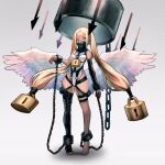  1girl angel angel_wings black_sleeves black_thighhighs blonde_hair blue_eyes breasts chain chained chained_wrists cuffs detached_sleeves feathered_wings full_body hakusyokuto highres leotard lock long_hair looking_at_viewer medium_breasts original shackles single_detached_sleeve standing thighhighs twintails very_long_hair white_leotard white_wings wings 