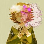  1boy blood blood_on_face blush brown_hair crossdressing crying danganronpa:_trigger_happy_havoc danganronpa_(series) english_text flower fujisaki_chihiro head_wreath kurosuke_(hipparu) long_sleeves male_focus otoko_no_ko pink_blood short_hair spoilers tears teeth upper_teeth_only white_flower 