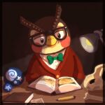  1:1 2020 animal_crossing anthro avian bird blathers_(animal_crossing) book clothing eyewear fossil furniture_lamp glasses green_bow_tie inside male nintendo owl pencil_(object) reading reading_book red_clothing red_topwear solo soyothenerd topwear white_clothing white_topwear 