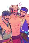  3boys :d abs animal_ears arm_around_shoulder bara beard cat_boy drunk drunk_tiger_(kuro) facial_hair frown hair_slicked_back happy highres kuro_(kuroshima_kurishiro) kuroshima_kurishiro_(muyi24108414) large_pectorals long_hair looking_at_pectorals male_focus mature_male multicolored_hair multiple_boys muscular muscular_male mustache_stubble navel no_nipples original pectorals scar scar_on_chest short_hair sleep_bubble smile stomach strongman_waist thick_eyebrows tiger_boy tiger_ears topless_male two-tone_hair undercut white_hair 