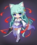  1girl animal_ear_fluff animal_ears bare_shoulders bell black_footwear blue_eyes cat_ears cat_girl cat_tail closed_mouth dagger full_body gradient_sleeves green_hair hair_bell hair_ornament holding holding_dagger holding_knife holding_weapon japanese_clothes jingle_bell kimono knife long_sleeves looking_at_viewer nekono_rin original pleated_skirt purple_skirt purple_sleeves ribbon-trimmed_legwear ribbon_trim skirt sleeveless sleeveless_kimono sleeves_past_wrists solo standing tail thighhighs weapon white_kimono white_sleeves white_thighhighs wide_sleeves zouri 