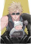  1boy 1other baby babywearing black_sleeves blonde_hair closed_eyes closed_mouth cloud_strife collarbone commentary detached_sleeves english_commentary final_fantasy final_fantasy_vii final_fantasy_vii_advent_children goggles high_collar highres motor_vehicle motorcycle mugikoma ribbed_shirt shirt short_hair single_bare_shoulder single_detached_sleeve single_shoulder_pad sleeveless sleeveless_shirt spiked_hair twitter_username upper_body 