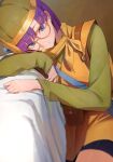  1girl absurdres blue_eyes breasts chrono_trigger glasses helmet highres long_sleeves looking_at_viewer lucca_ashtear medium_breasts orange_tunic pouch purple_hair rororo short_hair smile solo 