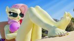  3d_(artwork) 5_toes absurd_res anthro beverage bikini clothing digital_media_(artwork) drinking_straw equid equine eyewear feet female fluttershy_(mlp) foot_focus friendship_is_magic glass hasbro hi_res humanoid_feet mammal my_little_pony pegasus plantigrade shadowboltsfm sitting solo sunglasses swimwear toes wings 