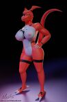  3d_(artwork) anthro areola areola_slip bandai_namco big_breasts black_stripes blender_(software) breasts digimon digimon_(species) digital_media_(artwork) female genitals guilmon hand_on_hip hi_res hiddenmask18 looking_at_viewer nude pussy raised_tail red_body scalie solo stripes tail 