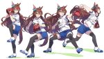  1girl absurdres ahoge animal_ears baseball baseball_mitt black_thighhighs blue_shorts braid breasts brown_eyes brown_hair closed_mouth ear_bow floating_hair full_body hair_between_eyes high_heels highres horse_ears horse_girl horse_tail long_hair looking_afar mejiro_bright_(umamusume) motion_blur multiple_views navel nishiki_kazue open_mouth original_race_uniform_(umamusume) pitching race_bib sequential shirt shoes short_sleeves shorts small_breasts smile sneakers standing standing_on_one_leg tail thighhighs throwing umamusume v-shaped_eyebrows white_background white_shirt 