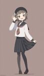  1girl alternate_costume black_headwear blush brown_eyes full_body hatoba_tsugu mole mole_under_eye pantyhose pleated_skirt school_uniform serafuku shapoco simple_background skirt solo tsugu_(vtuber) uniform virtual_youtuber white_pantyhose 